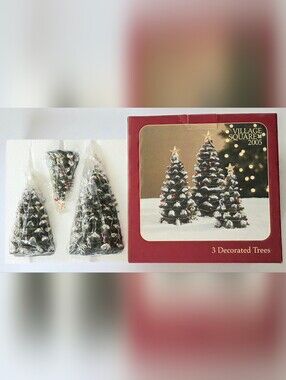 VINTAGE 2005 MERVYNS VILLAGE SQUARE SET OF 3 DECORATED TREES NEW IN BOX